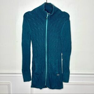 Eddie Bauer Longline Cable Knit Full Zip Teal Blue Sweater Womens XS